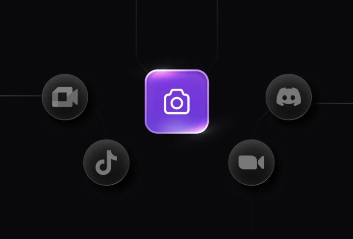 Meld Studio virtual camera output selected inside Zoom, Google Meet, Teams, and Discord