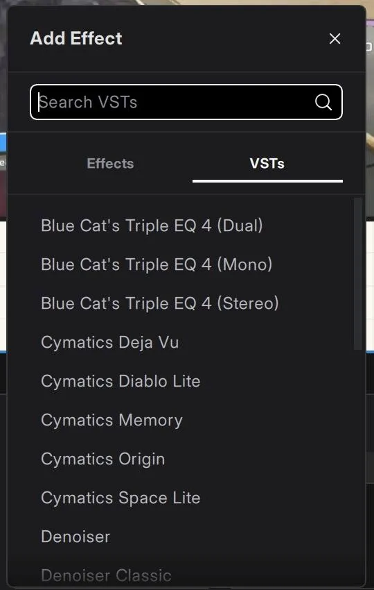 Installed VST3 plugins in the Add Effect menu.