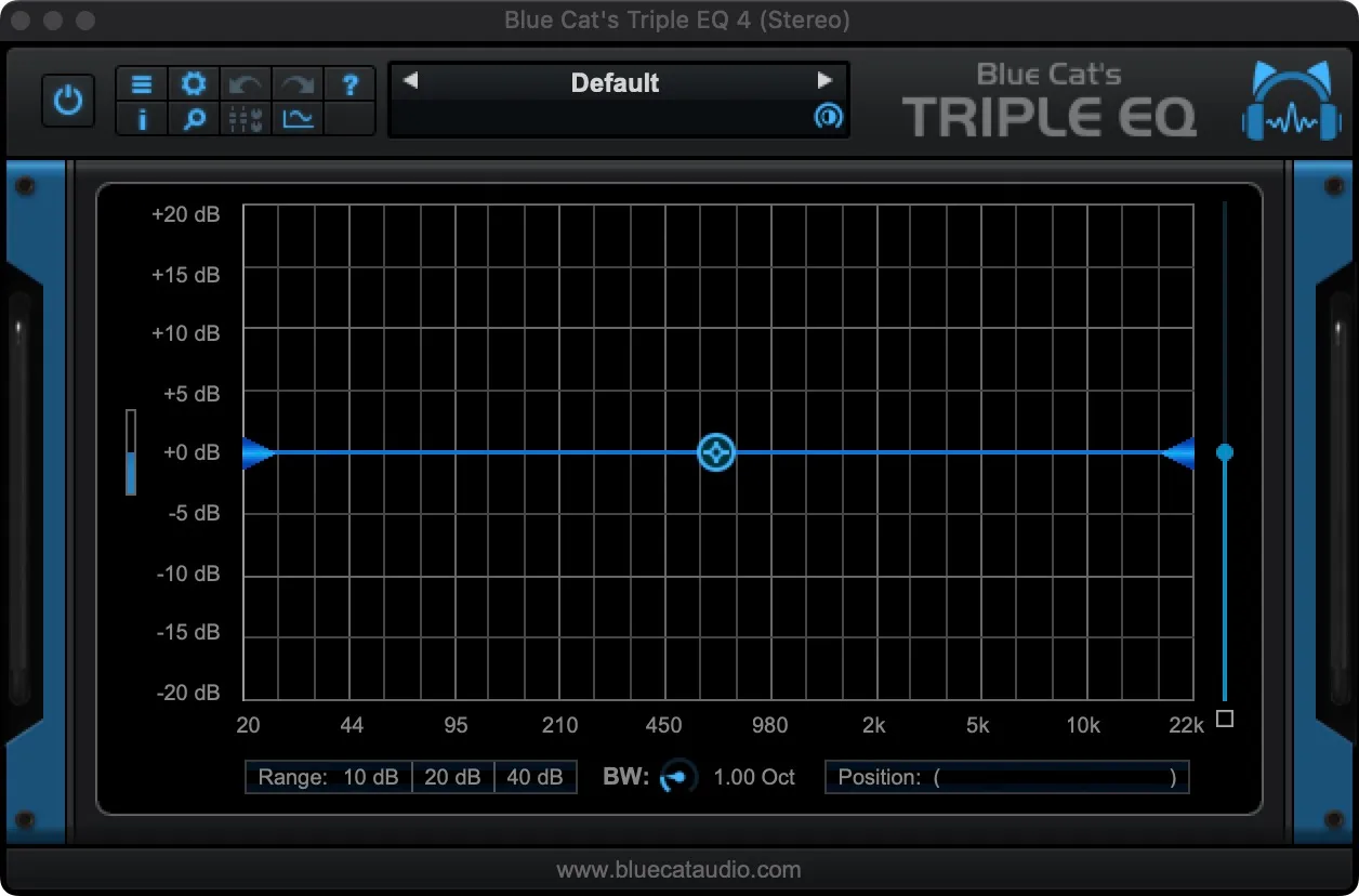 Blue Cat Triple EQ plugin controls opened from an audio track in Meld.