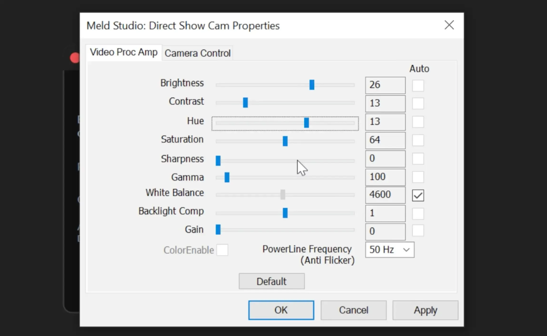 Meld Studio DirectShow Cam Properties