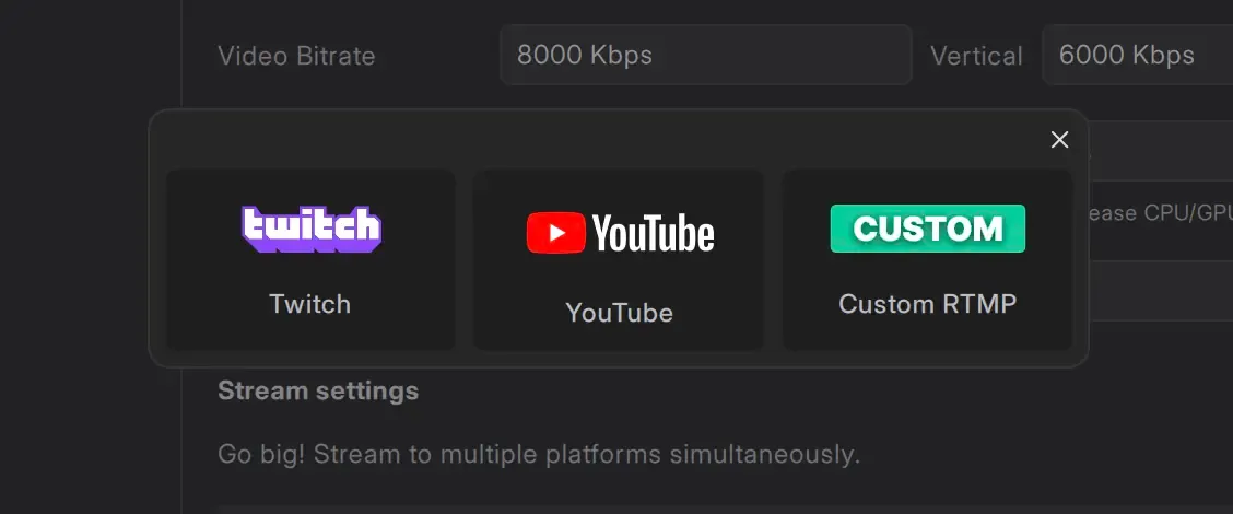 Stream output options dialog