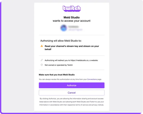 Authorize Meld Studio to access your Twitch account's basic permissions