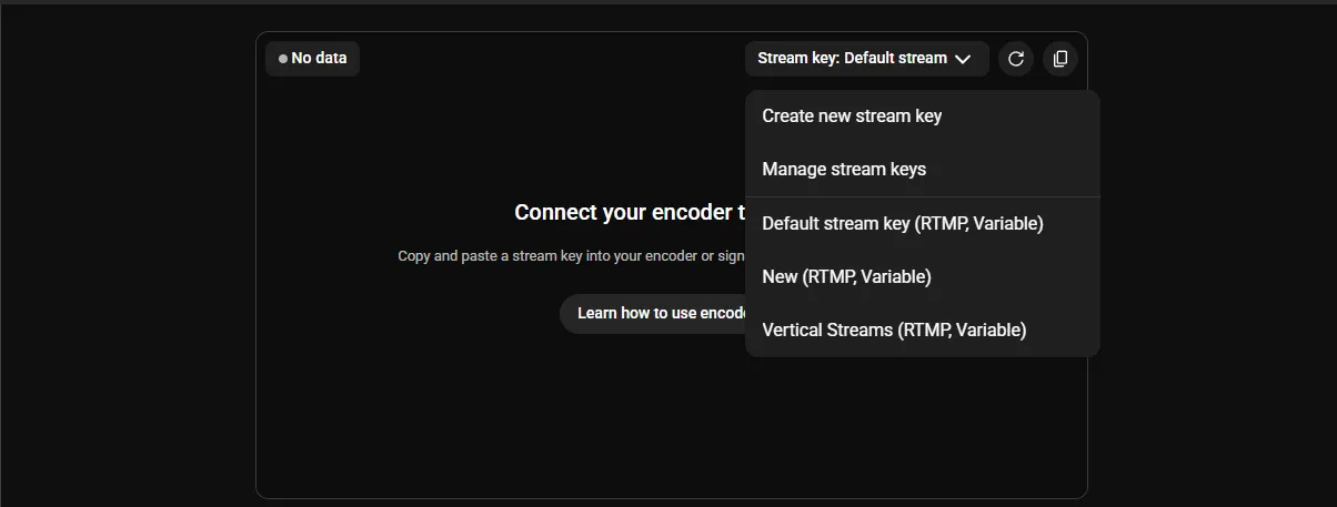 YouTube stream key dropdown showing available keys