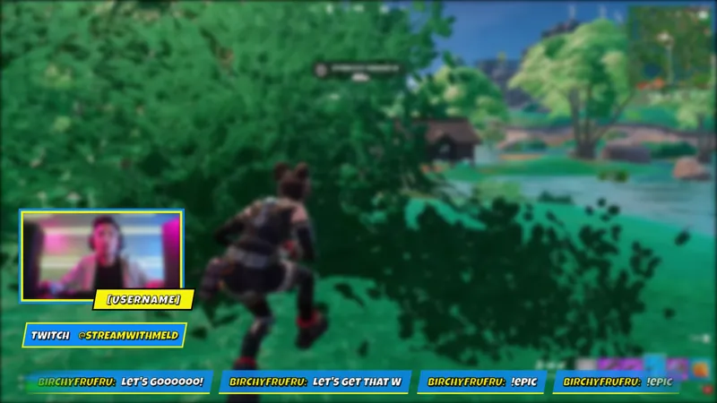 Fortnite Stream Overlay with Camera Border, Social Media Pop-Up, and Side-Scrolling Chat Widget